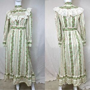 Vicky Vaughn VTG 70s High Neck Floral Stripe Lace Prairie Prom Dress